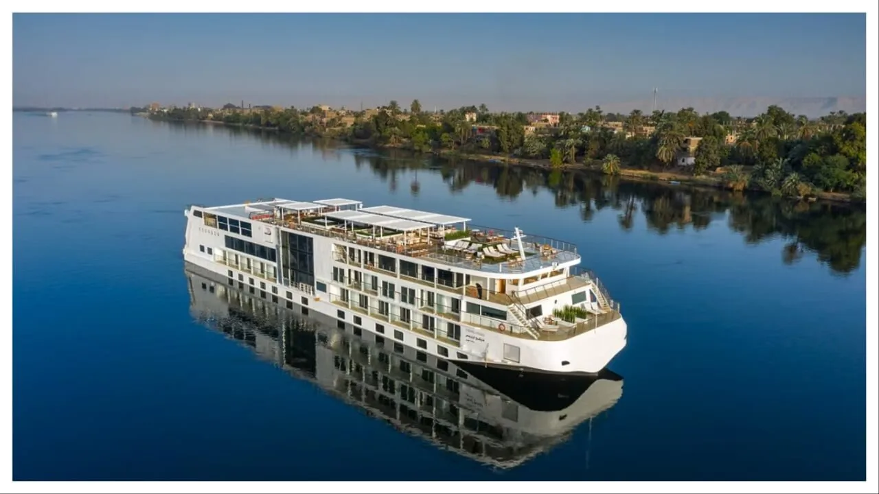 aerial of a modern cruise riverboat on the Nile