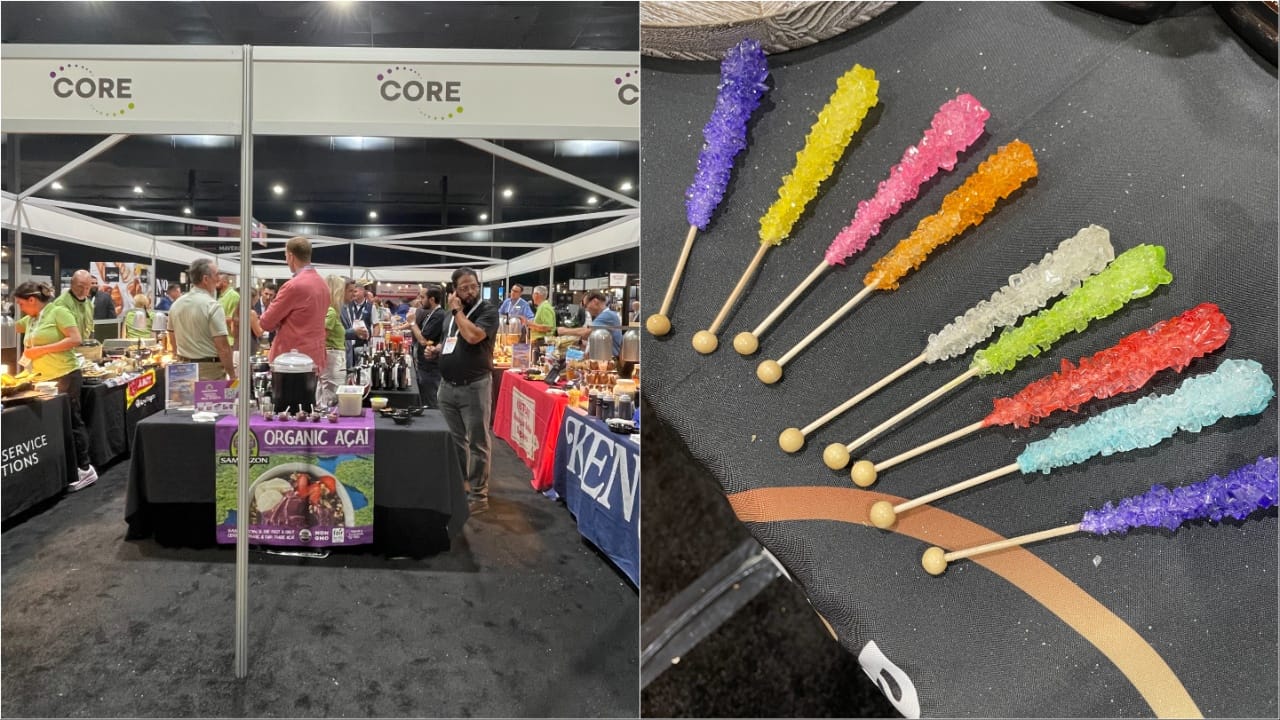 Sticks covered in colourful rocks, and a hall filled with food stands