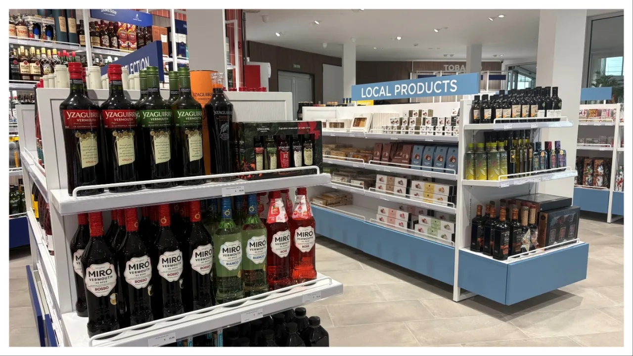 Drinks and local products displayed in duty free retail shop in Tarragona Cruise Port