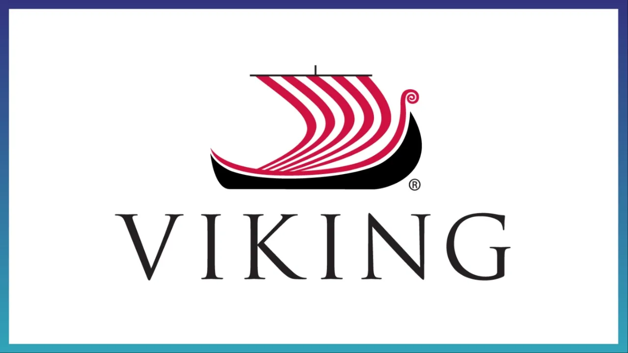 rendering of Viking ship with red and white sail above text on white field