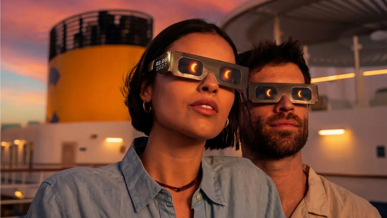 A man and woman wearing protective eyewear, the moon reflected in them, and a ship funnel behind