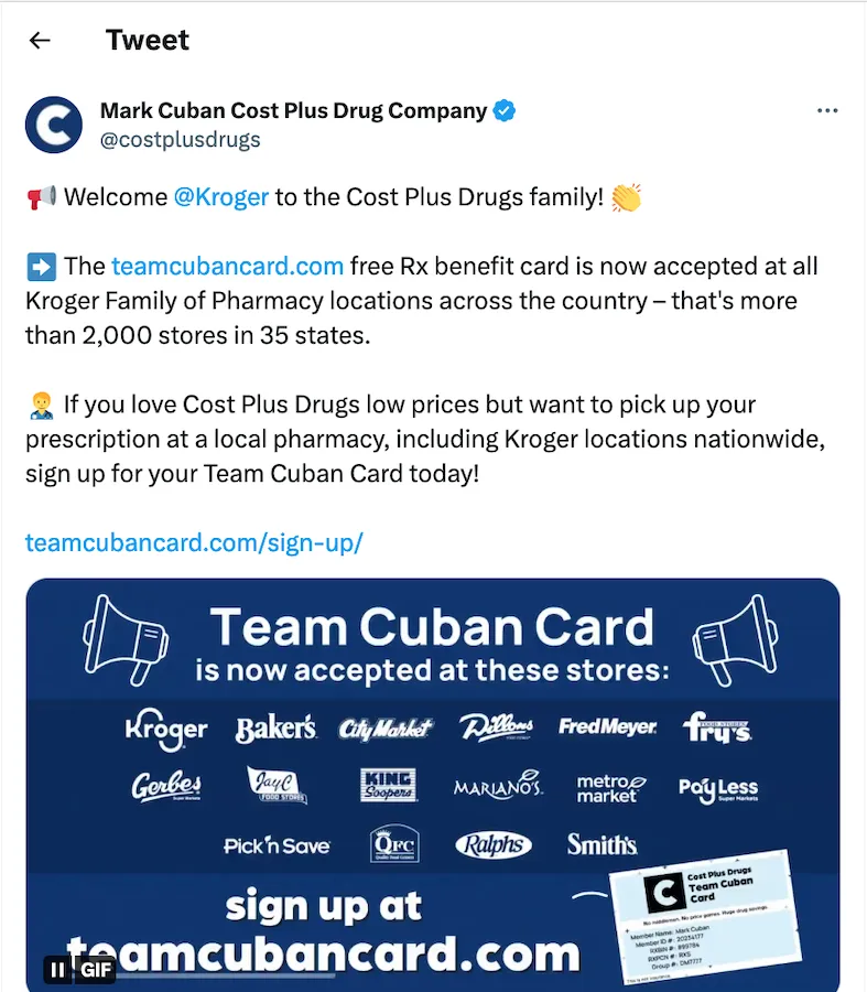 mark cuban pharmacy glp-1 Kroger pharmacies now accept Mark Cuban's Cost Plus Drug Rx cards