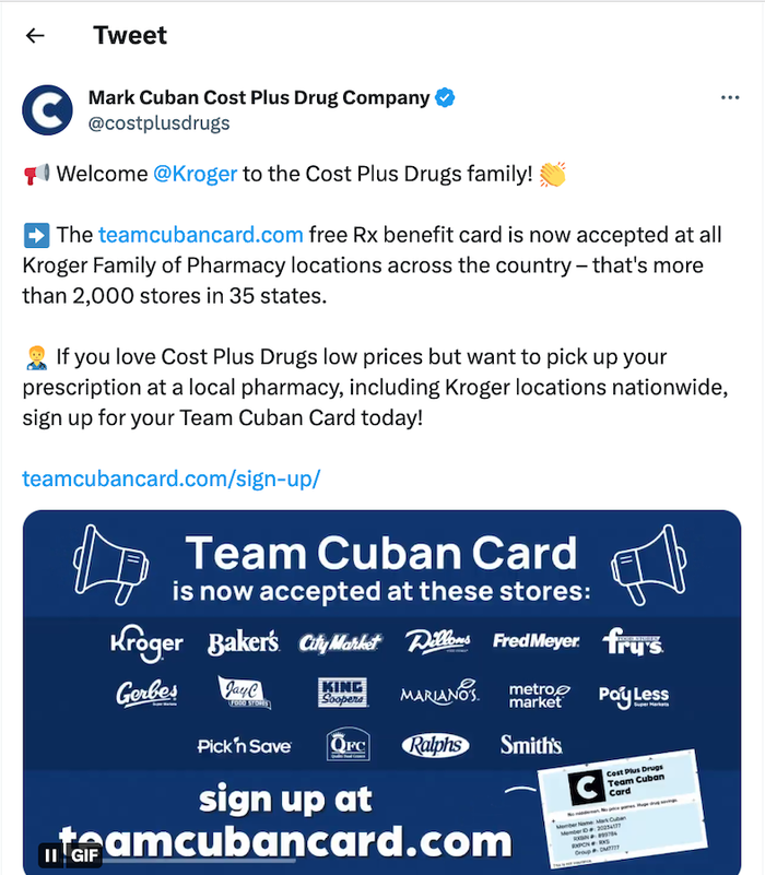 Kroger pharmacies now accept Mark Cuban’s Cost Plus Drug Rx cards