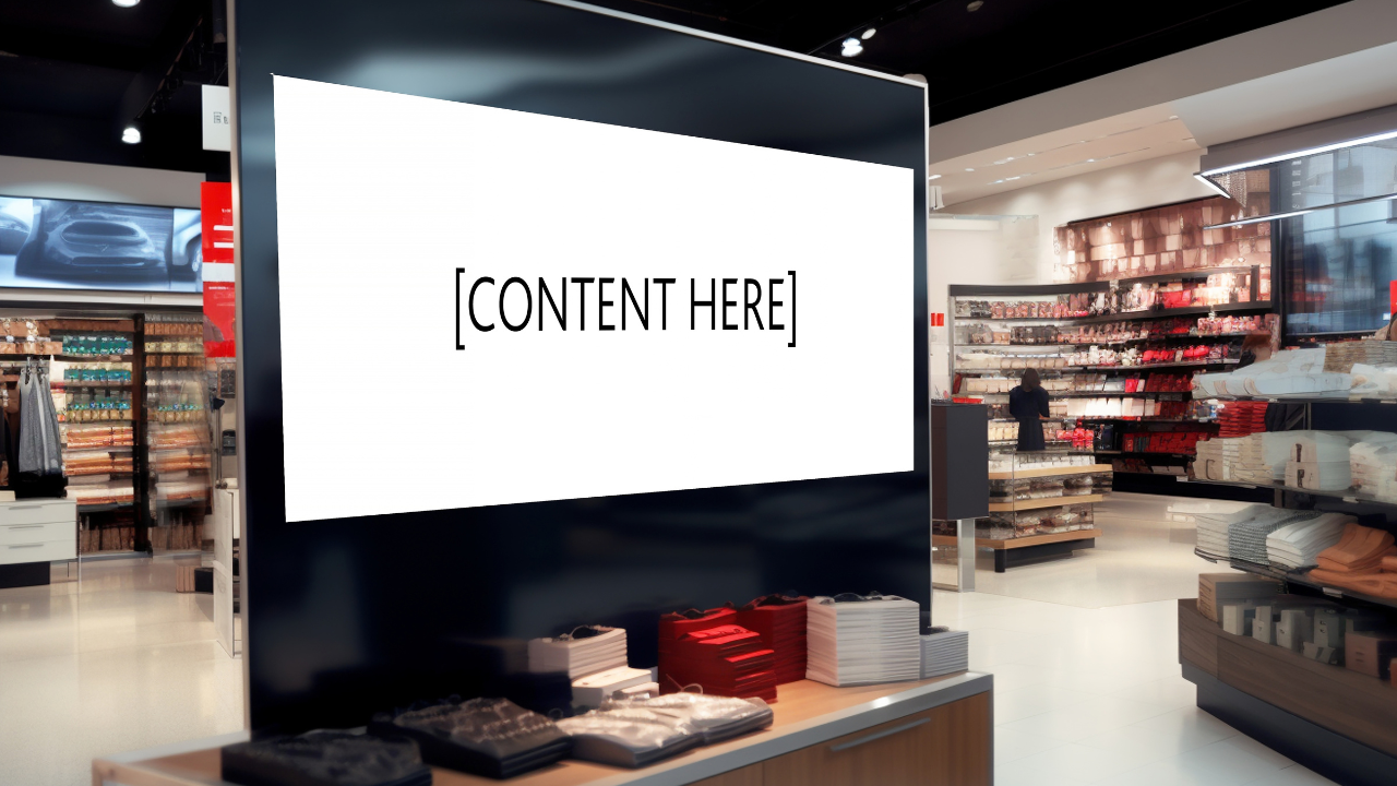 A retail media screen in a store with the words content here on the screen.