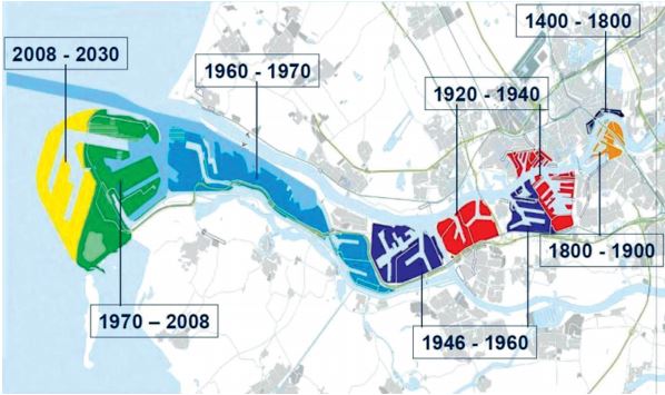 Map of Port of Rotterdam with changes over time