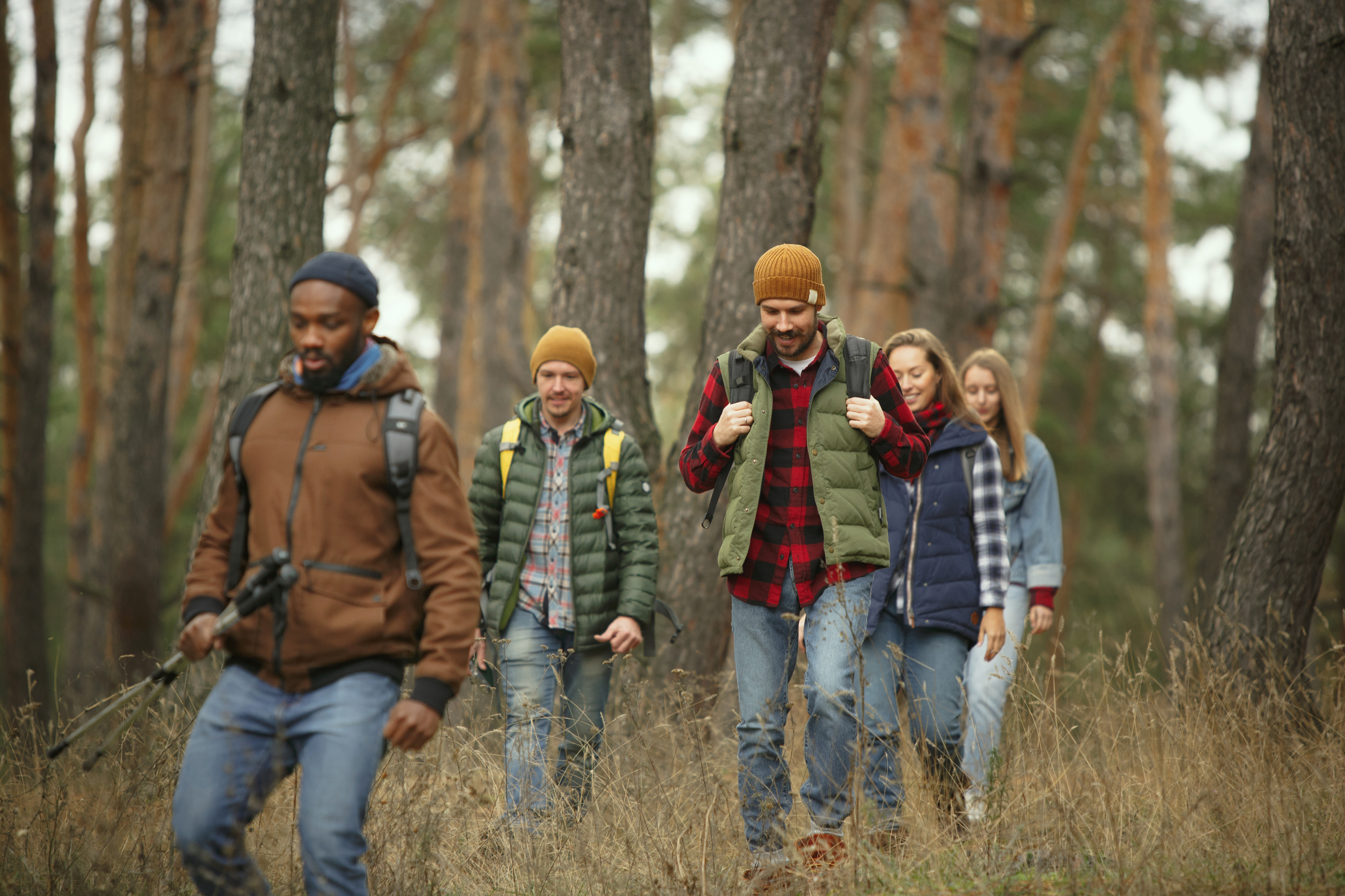 Girls and boys walking in forest