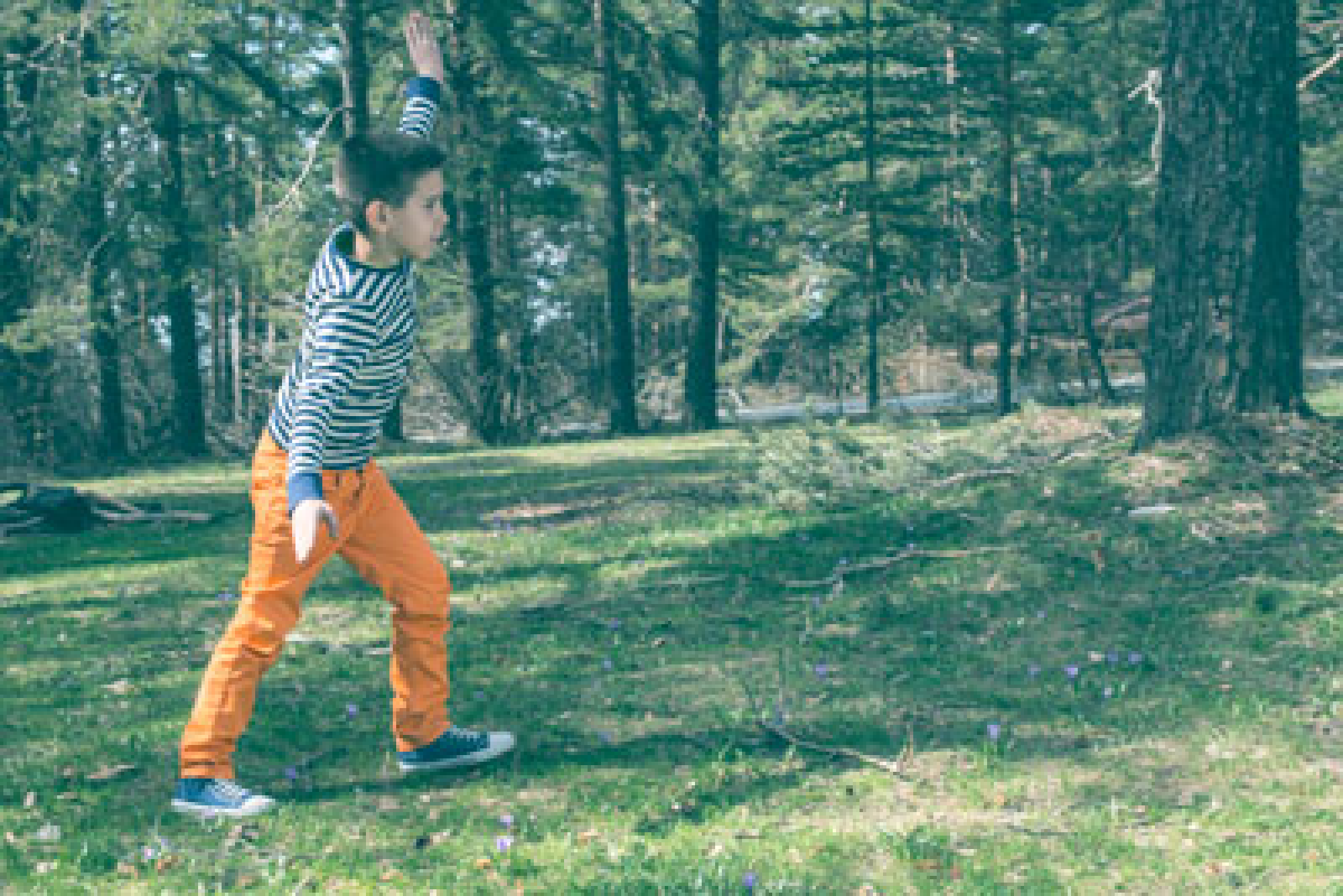 Pojke som går balansgång i skogen