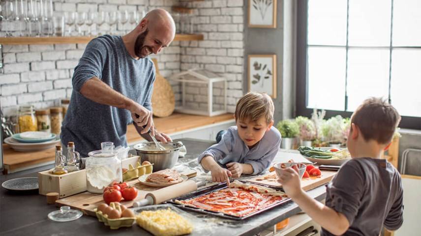 Dad and kids cooking