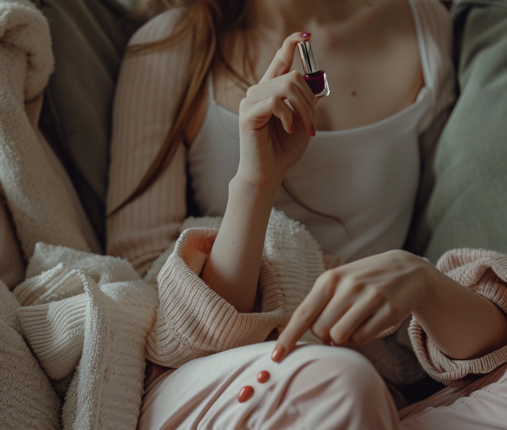 Bir kadın ,üzerinde oje lekesi bulunan bir kıyafet giymektedir.