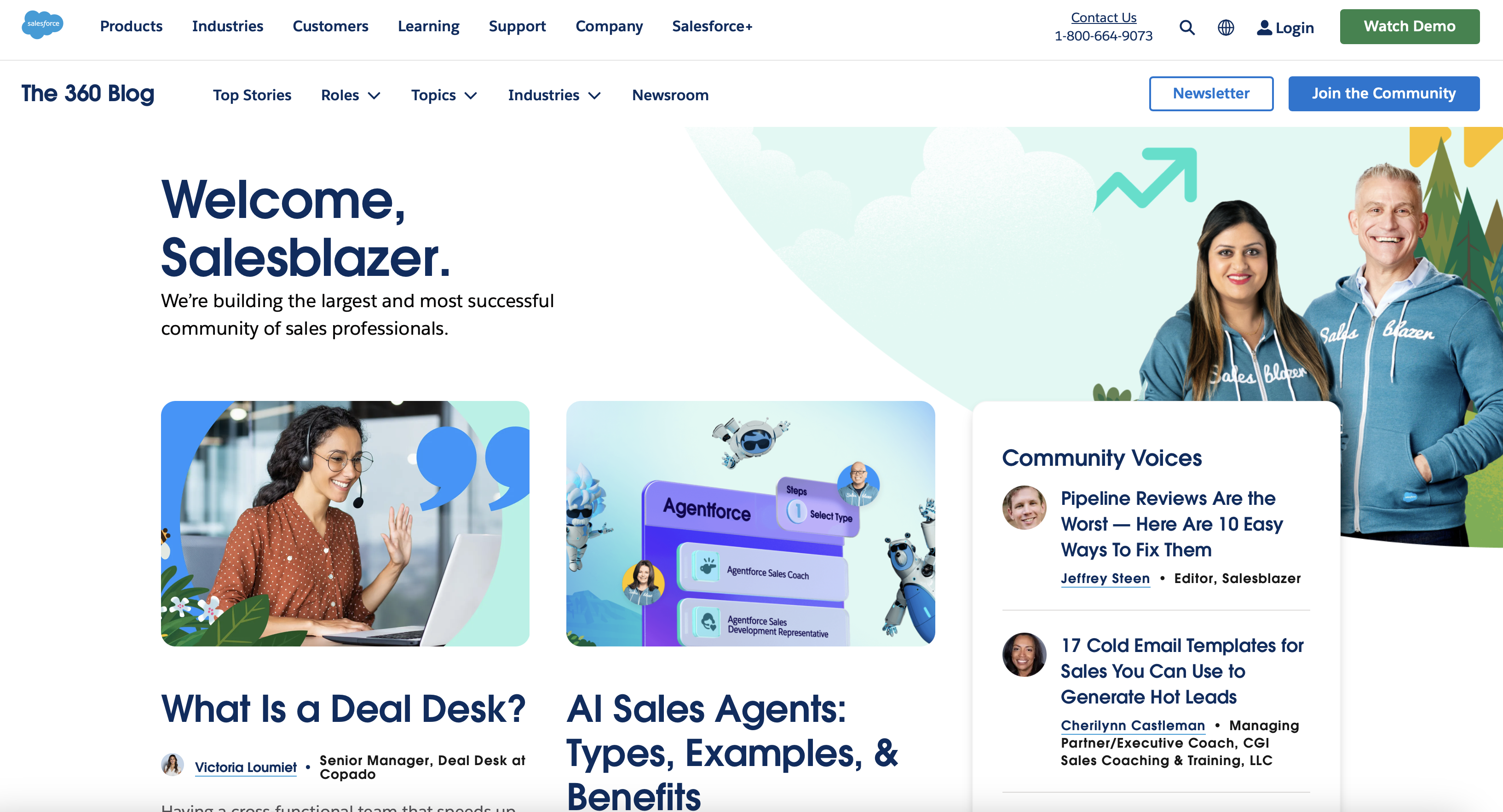 A web page, showing people wearing zip-up Salesblazer hoodies, contains links to the Salesblazer Slack community, various blog posts, resources, and free templates, reports, and guides.