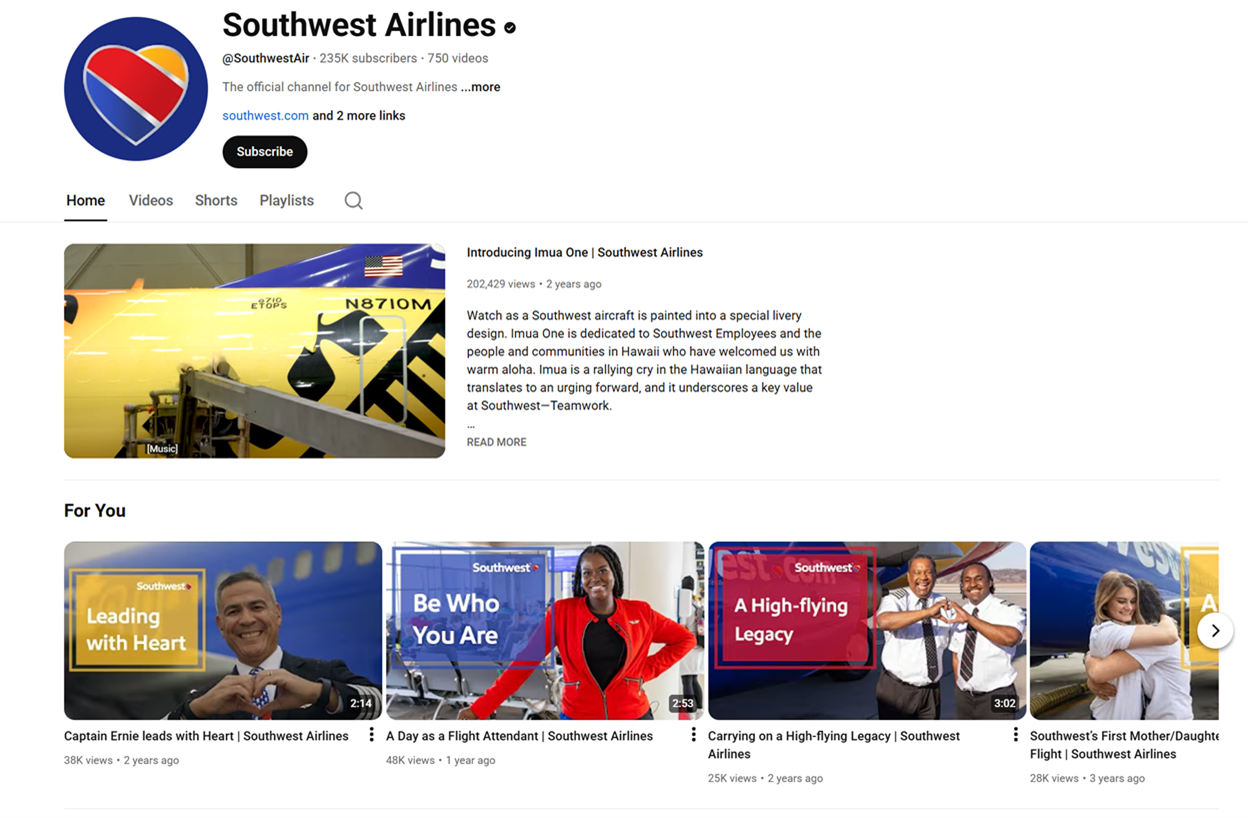 Southwest Airlines YouTube page..