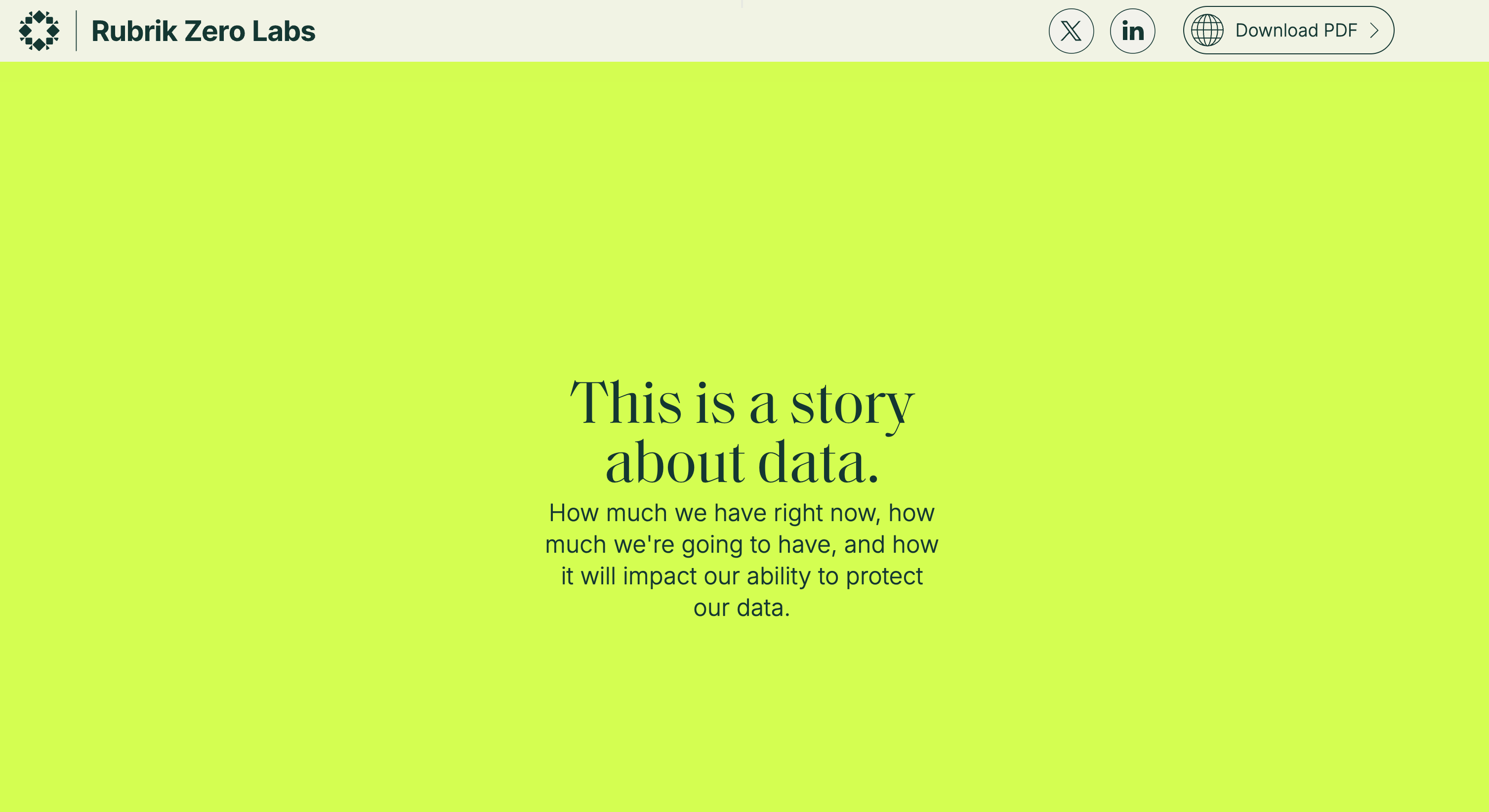 A simple paragraph of text (as described in the article) against a neon yellow-green background on the landing page for a Rubrik Zero Lab report.