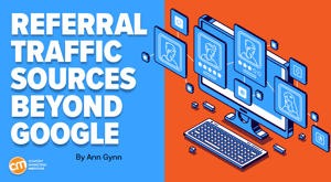 A desktop computer screen, keyboard, and multiple alternate screens represent the world of referral traffic sources beyond Google. A desktop computer screen, keyboard, and multiple alternate screens represent the world of referral traffic sources beyond Google.