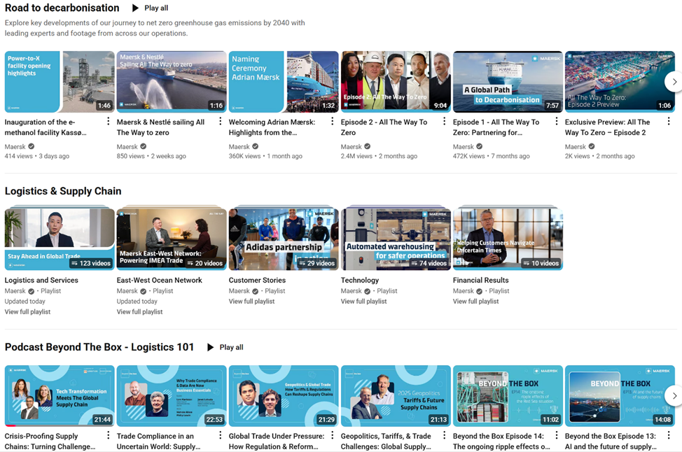 YouTube allows a channel to post up to 12 custom categories on its page. Maersk displays eight.