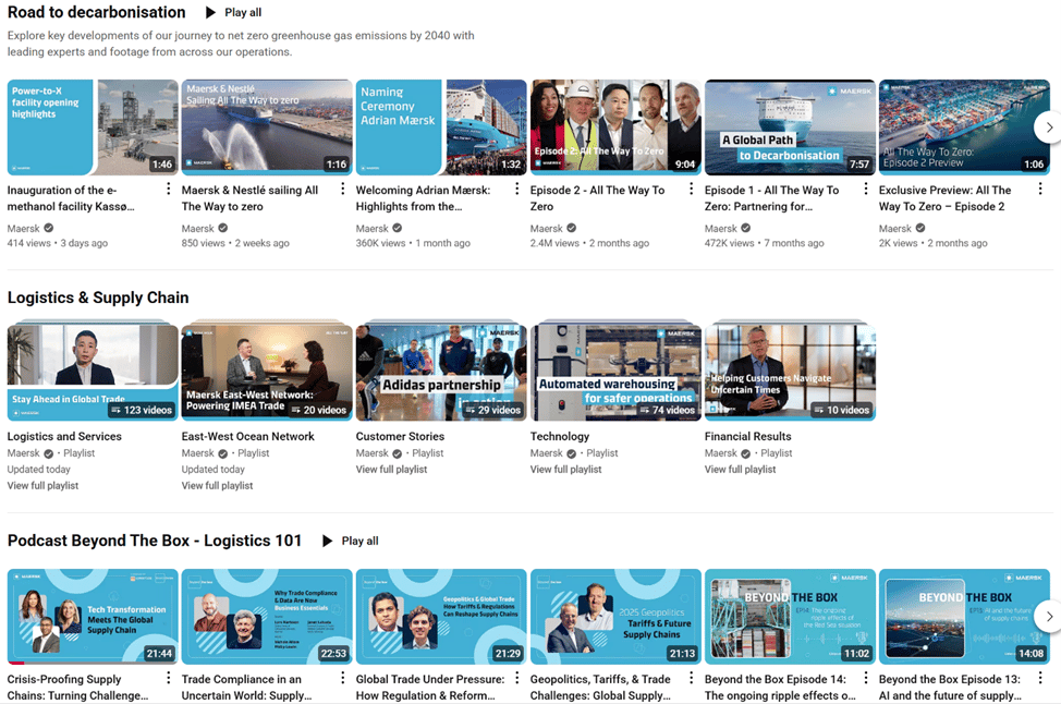 YouTube allows a channel to post up to 12 custom categories on its page. Maersk displays eight. YouTube allows a channel to post up to 12 custom categories on its page. Maersk displays eight.