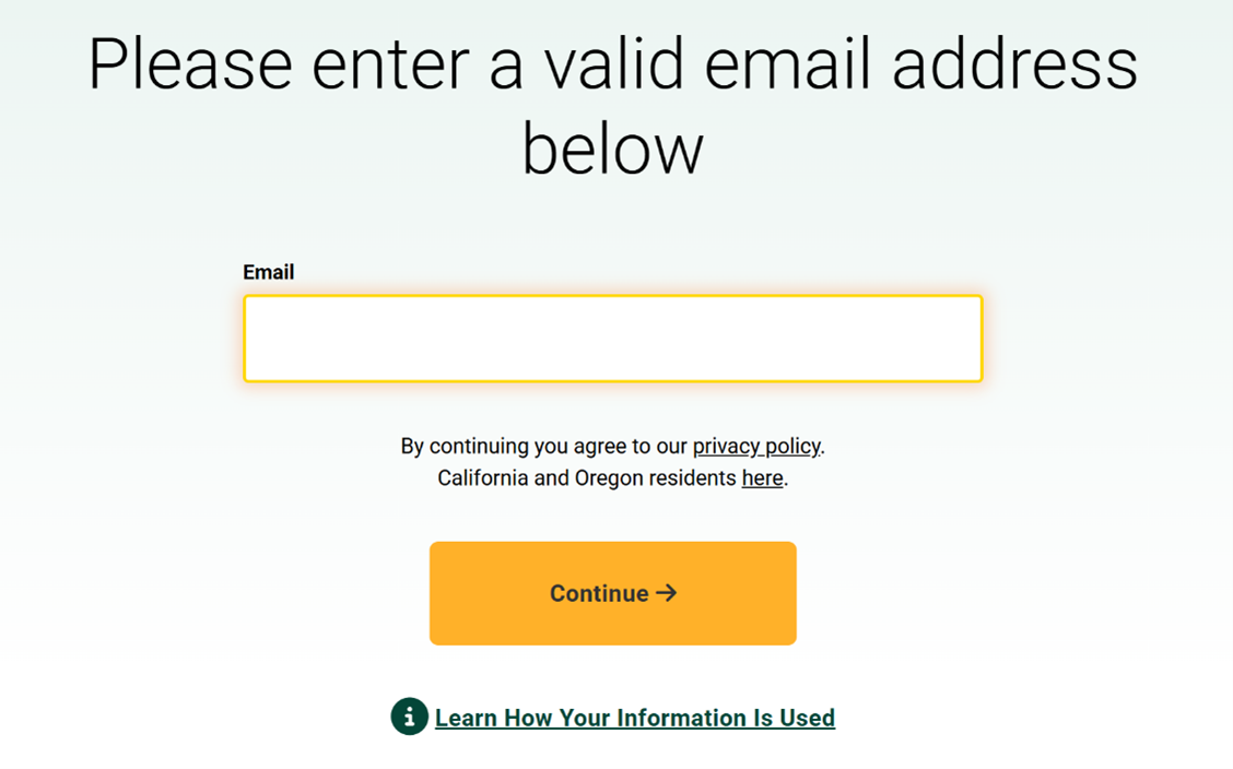 Email entry form with message 