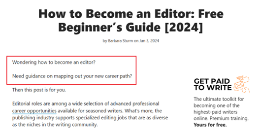 Headline reads “How to Become an Editor: Free Beginner’s Guide [2024]” with introductory questions: “Wondering how to become an editor?” and “Need guidance on mapping out your new career path?”