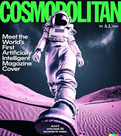 Cosmopolitan magazine cover featuring an astronaut on a pink-hued landscape, labeled as the world's first AI-generated magazine cover. Cosmopolitan magazine cover featuring an astronaut on a pink-hued landscape, labeled as the world's first AI-generated magazine cover.