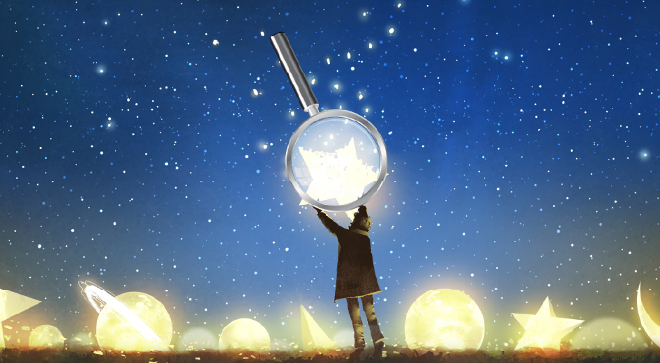 A person holding a giant magnifying glass up to a night sky filled with glowing stars