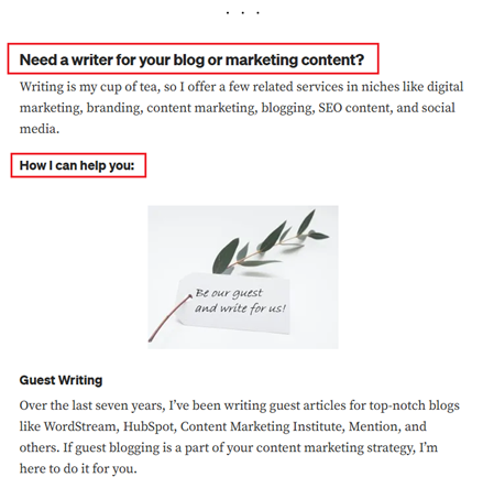 A webpage advertisement for writing services showing red headers 