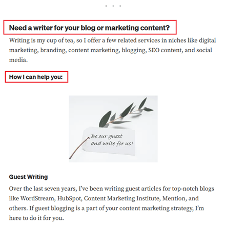 A webpage advertisement for writing services showing red headers A webpage advertisement for writing services showing red headers