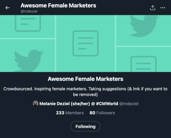 Ví dụ về danh sách Twitter (Twitter List) của các chuyên gia marketing nữ, nguồn để tuyển chọn nội dung