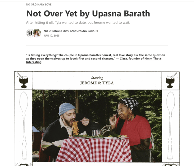 Dating app Hinge published a five-part literary series, No Ordinary Love, on Substack. Dating app Hinge published a five-part literary series, No Ordinary Love, on Substack.