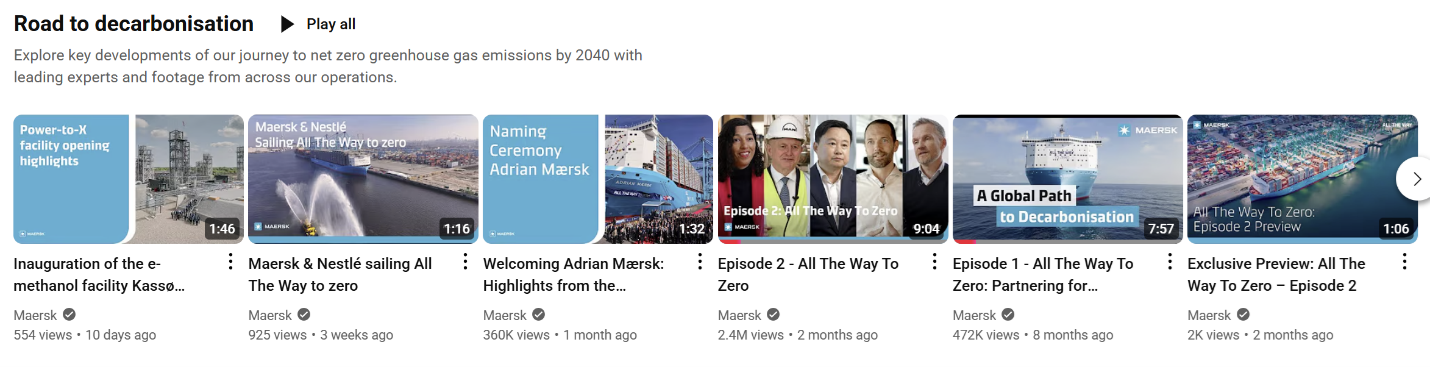 Maersk’s road to decarbonisation category on its YouTube channel.