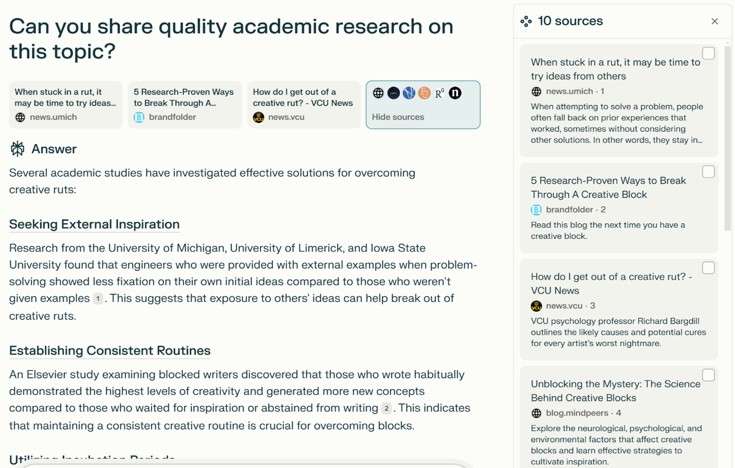 Screenshot of a research-based response to overcoming creative ruts, including strategies like establishing a routine and taking strategic breaks. The image also shows sources related to creative problem-solving and overcoming creative blocks.
