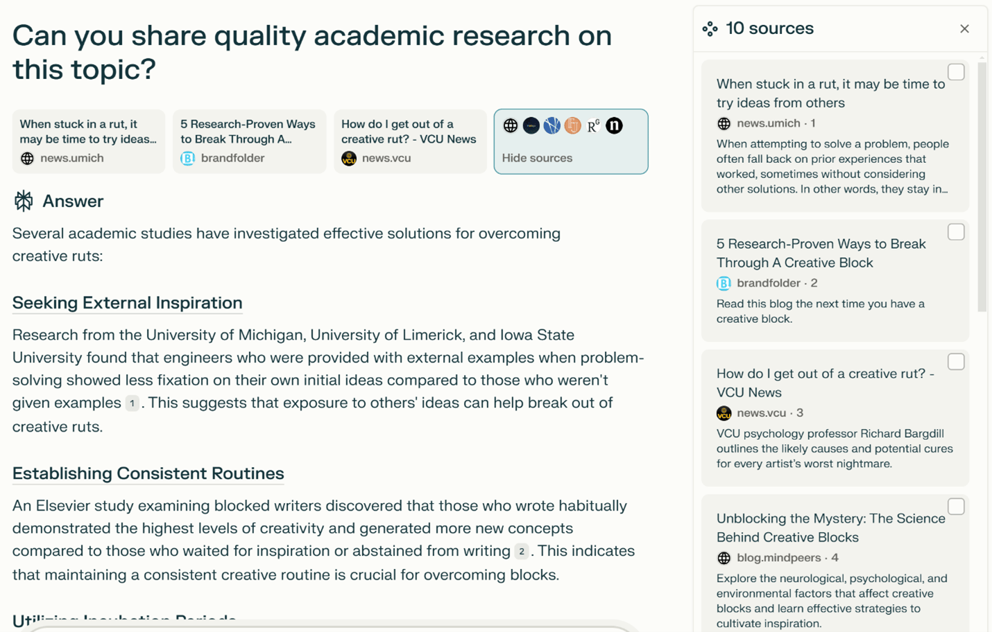 Screenshot of a research-based response to overcoming creative ruts, including strategies like establishing a routine and taking strategic breaks. The image also shows sources related to creative problem-solving and overcoming creative blocks. Screenshot of a research-based response to overcoming creative ruts, including strategies like establishing a routine and taking strategic breaks. The image also shows sources related to creative problem-solving and overcoming creative blocks.