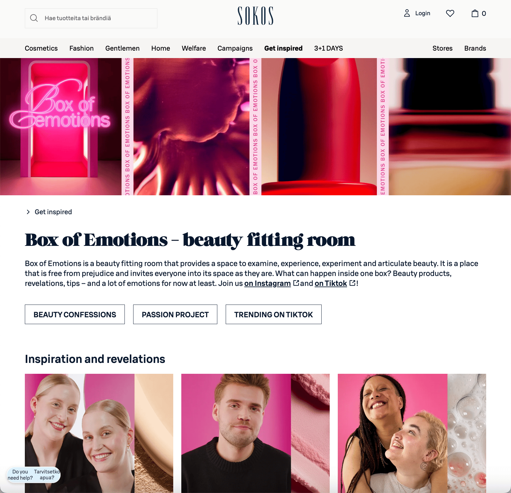 This screenshot of the Box of Emotions campaign’s home on the Sokos website shows the namesake box (a physical “fitting room” for beauty products) and images of beauty products in shades of pink and red. This screenshot of the Box of Emotions campaign’s home on the Sokos website shows the namesake box (a physical “fitting room” for beauty products) and images of beauty products in shades of pink and red.