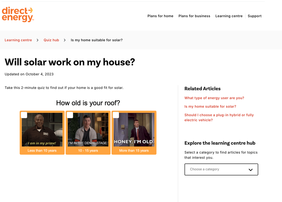 The Will Solar Work? quiz asked participants: “How old is your roof?” (shown below) and provided options to choose from.