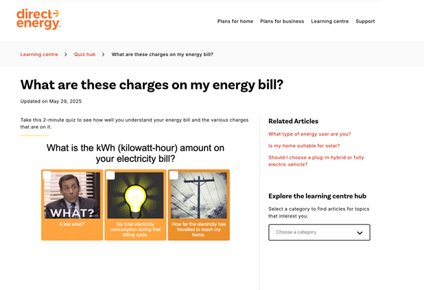 The two-minute quiz asked questions like, “What is the kWh (kilowatt-hour) amount on your electricity bill?” with multiple-choice answers.