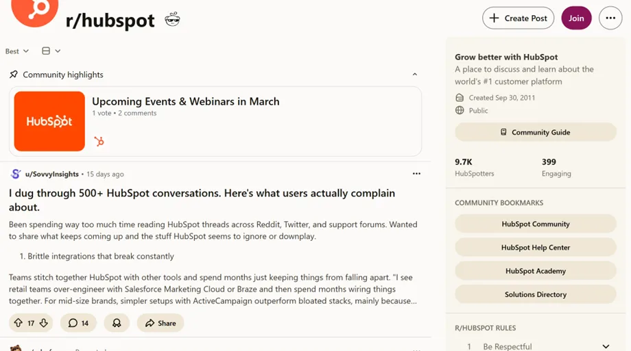 HubSpot subreddit'inin şu anda 9.700 üyesi bulunuyor ve takipen forumda etkileşimde bulunuyor.