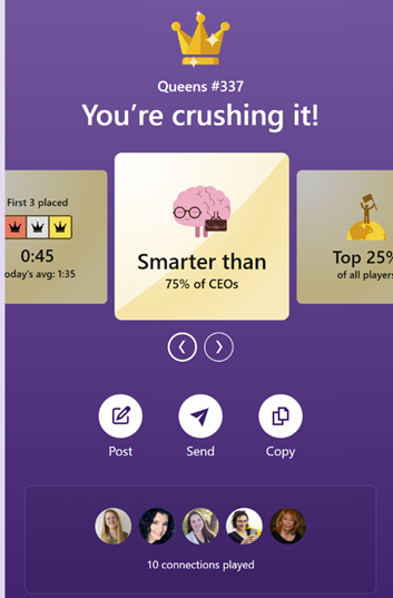 LinkedIn also displays comparisons to others with similar titles and makes it easy for users to post, send, or copy their results on their widget screen as shown in this screenshot.