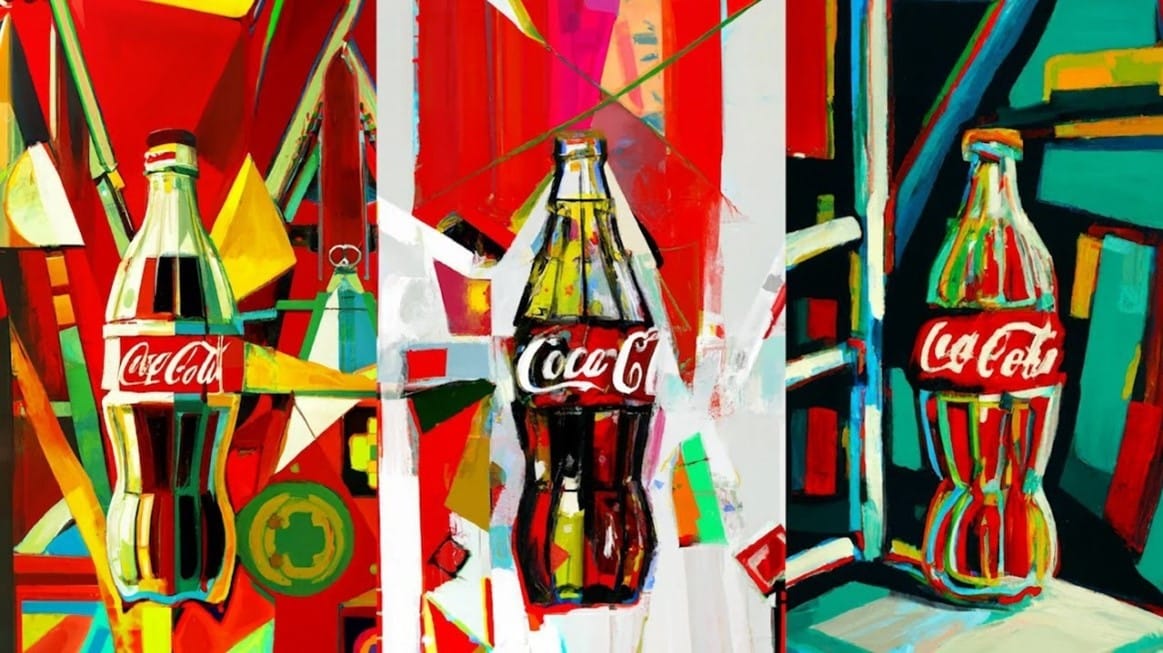 Abstract digital artwork featuring Coca-Cola bottles in a vibrant, colorful composition as part of the Abstract digital artwork featuring Coca-Cola bottles in a vibrant, colorful composition as part of the