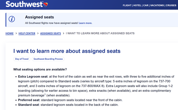 Southwest Airlines' new seating options.