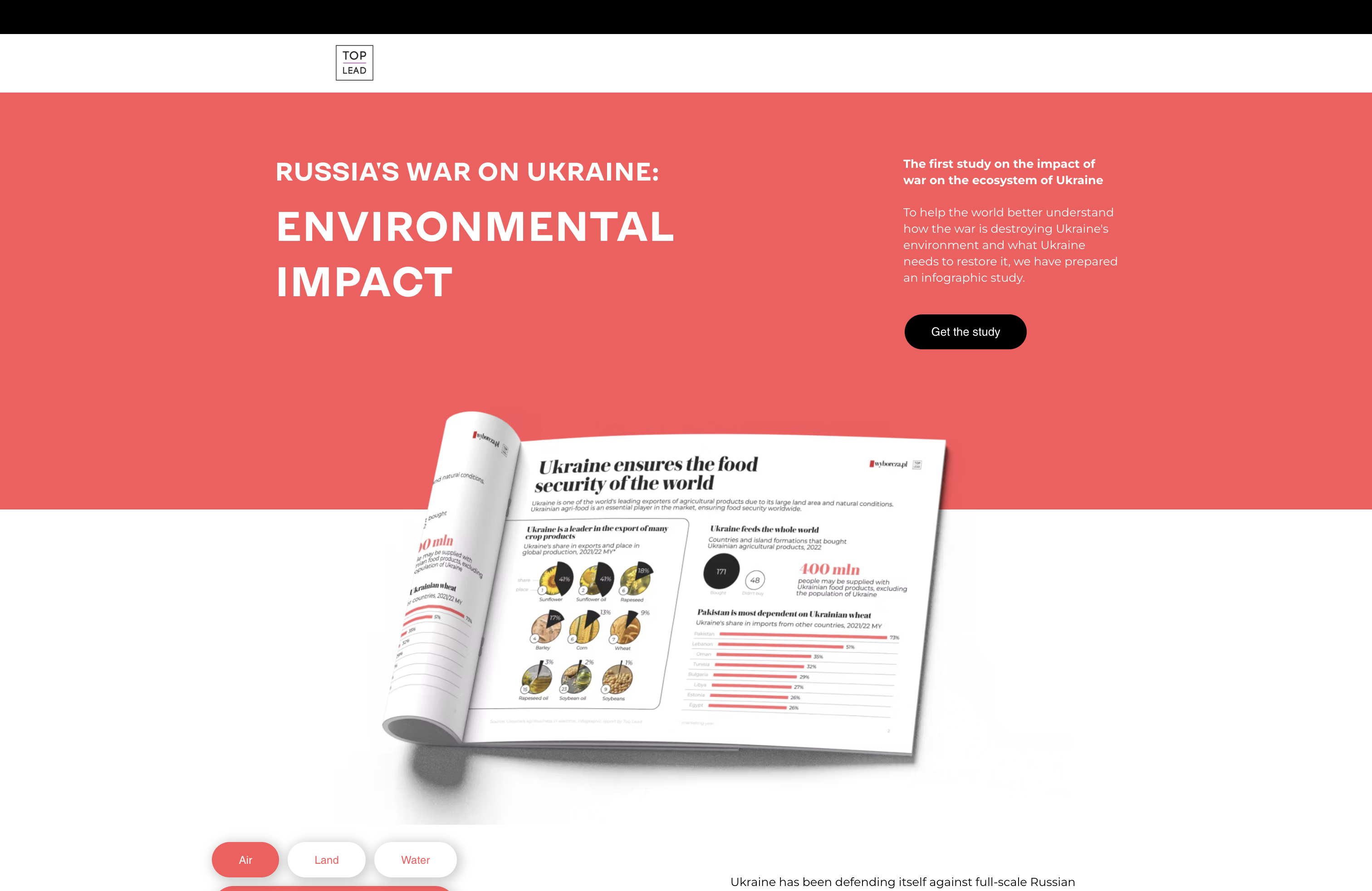 An interactive landing page showing Top Lead's report about Russia's War on Ukraine. A bold red banner grabs attention, while a photo of a report with a page folded back shows one of the infographics the report contains. 