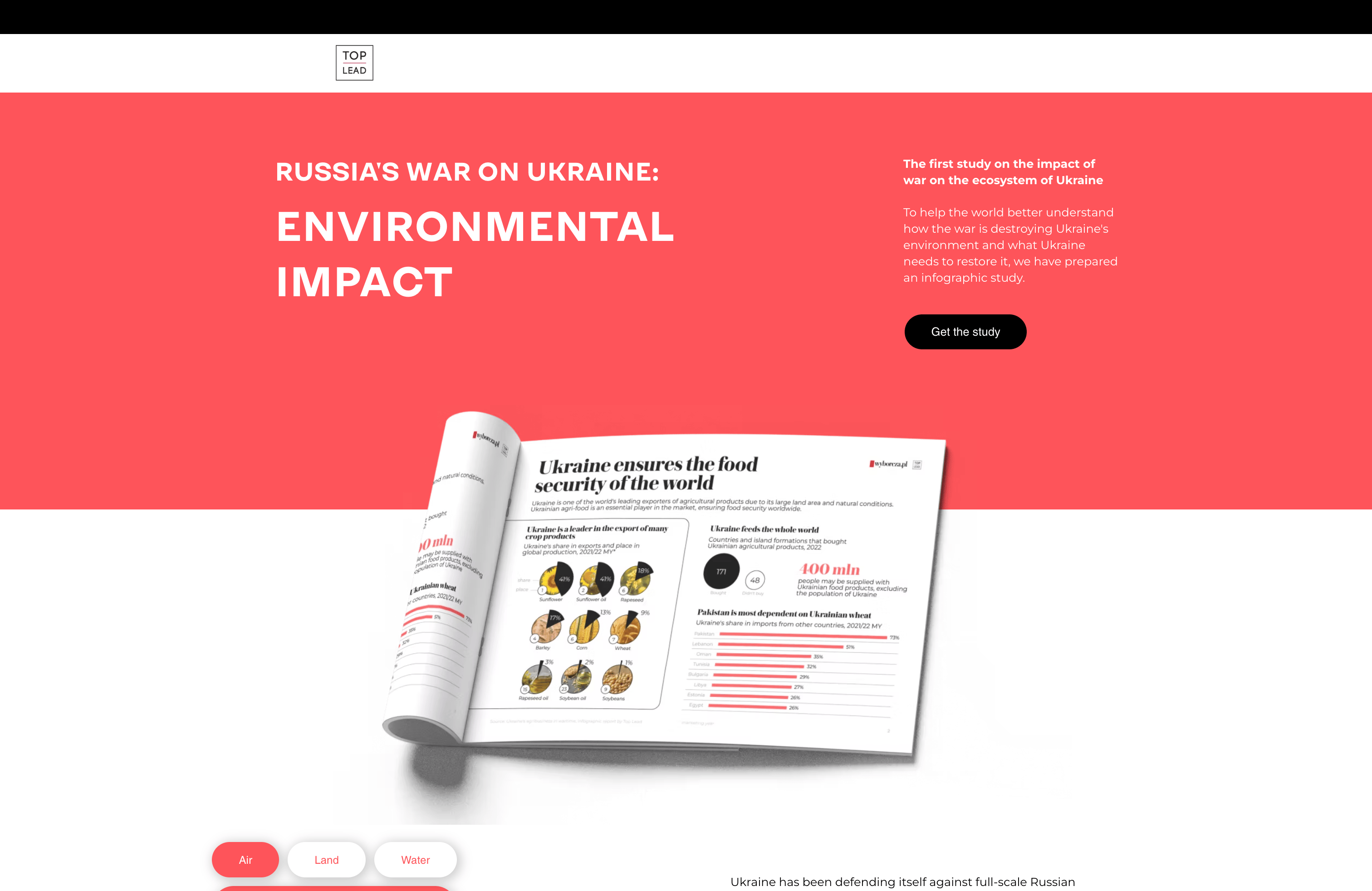An interactive landing page showing Top Lead's report about Russia's War on Ukraine. A bold red banner grabs attention, while a photo of a report with a page folded back shows one of the infographics the report contains. An interactive landing page showing Top Lead's report about Russia's War on Ukraine. A bold red banner grabs attention, while a photo of a report with a page folded back shows one of the infographics the report contains.