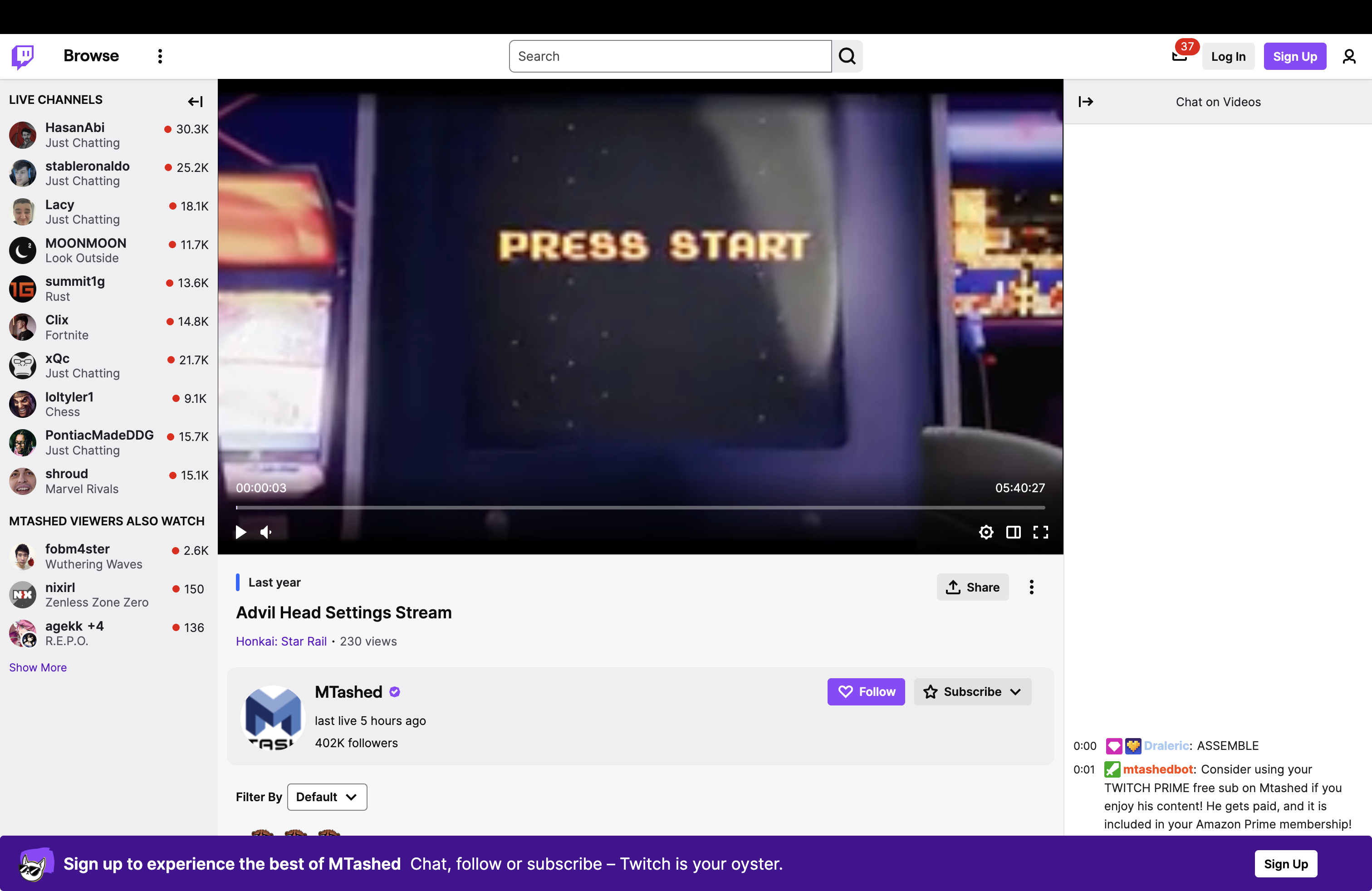 The Twitch streaming page showing the Advil Head Settings event. 