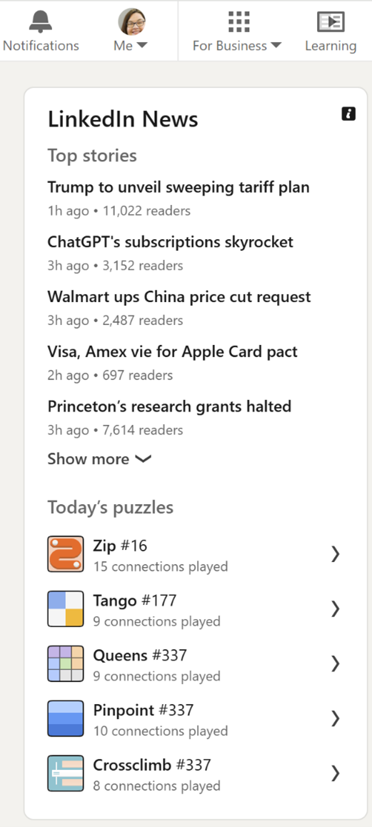 LinkedIn News section with top stories and a 