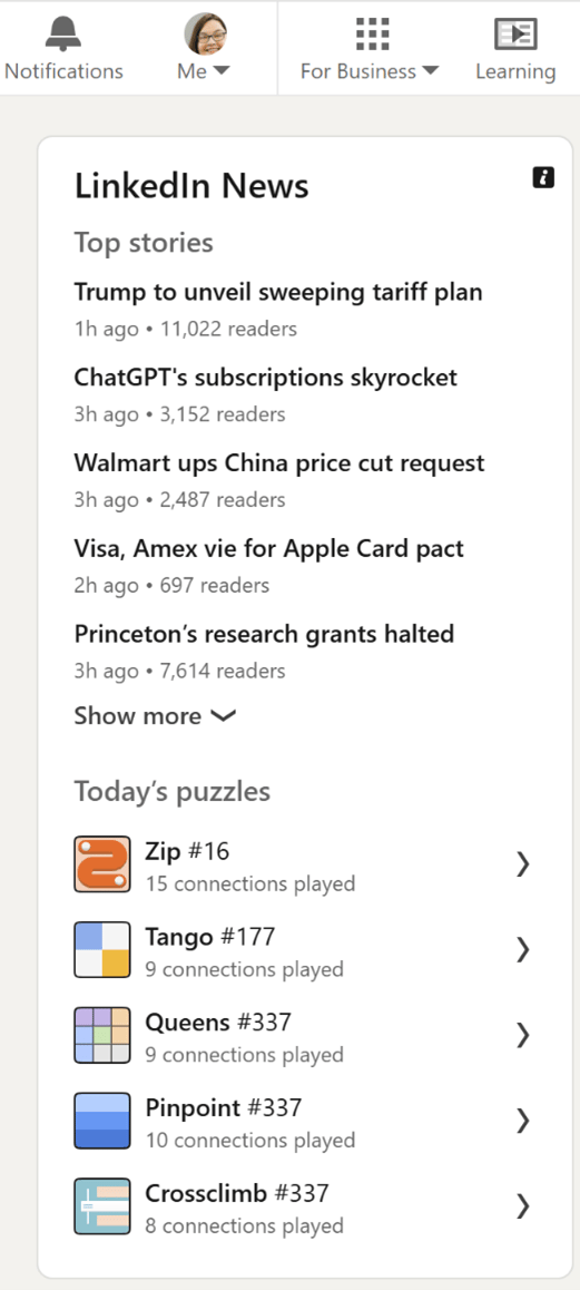 LinkedIn News section with top stories and a LinkedIn News section with top stories and a