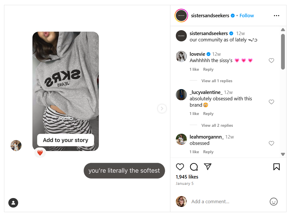 Sisters and Seekers casual execution uses chat bubbles, unedited phone screenshots, and a clean white background to keep the focus on the conversation.