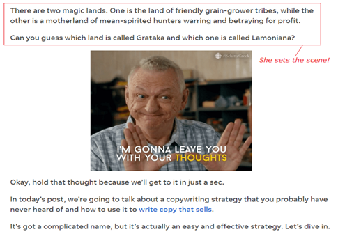 “There are two magic lands. One is the land of friendly grain-grower tribes, while the other is a motherland of mean-spirited hunters warring and betraying for profit. “Can you guess which land is called Grataka and which one is called Lamoniana?”