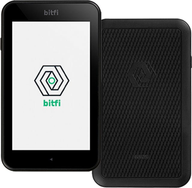 Photo of the BitFi hardware wallet with the BitFi logo on the screen. It looks like a mobile phone.