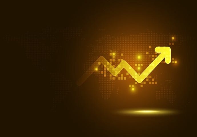 financial chart with bright yellow arrow moving upward