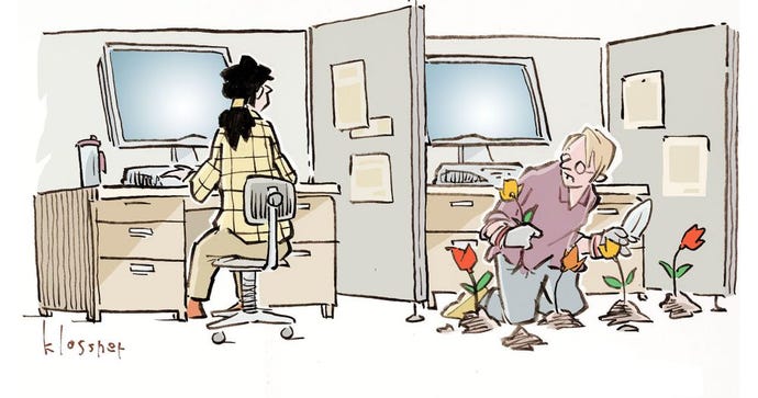 Caption contest for cartoon of two people working in cubicles and talking. One person is on the floor planting flowers.