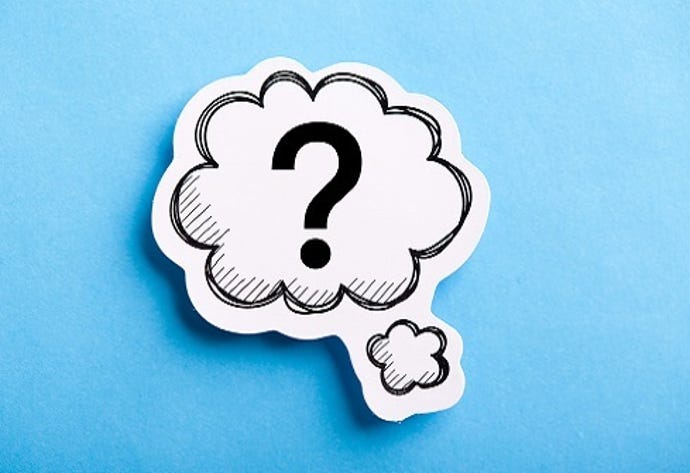 Cut-out cloud floating on a sky blue background with a question mark in the middle