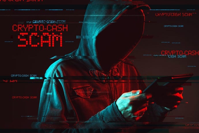 faceless hacker and word "scam" written in red digital letters