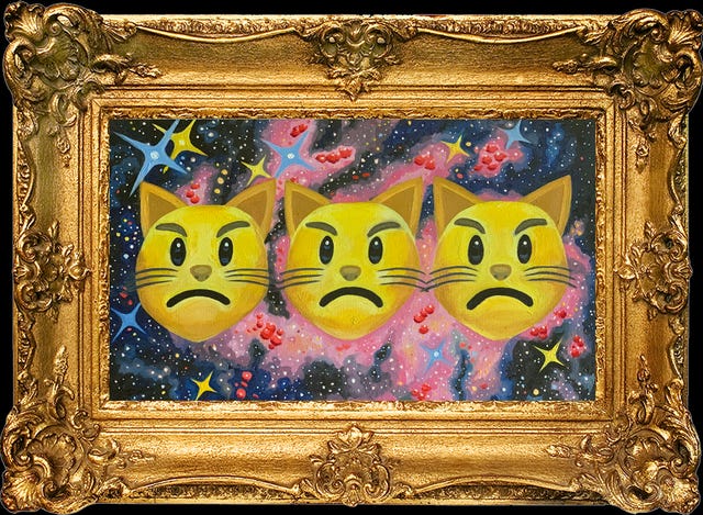 A gold-framed oil painting of the Thrangrycat logo, which is three angry cat emojis in a row, on a space-themed background